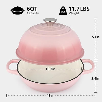 6QT Bread Dutch Oven Pot with Lid, Enameled Cast Iron Dutch Oven for Sourdough Bread Baking, Roasting, Stewing and Soup, Non-Stick Enamel Cookware for Oven/Stovetop, Perfect for Homemade Bread, Pink