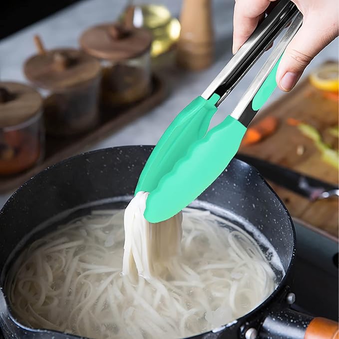 HINMAY Mini Tongs with Silicone Tips 7 Inches Silicone Cooking Tongs, Set of 3 (Mint)