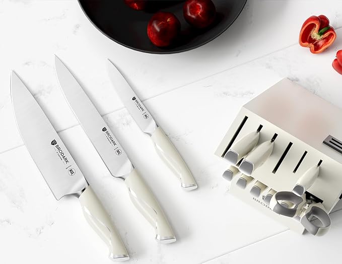 BRODARK Kitchen Knife Sets with Block and Built-in Sharpener - Ultra Sharp15 Pcs Full Tang Professional Chef Knife Set, High Carbon Super Stainless Steel Cutlery Set, Gift for men women, Ivory Series