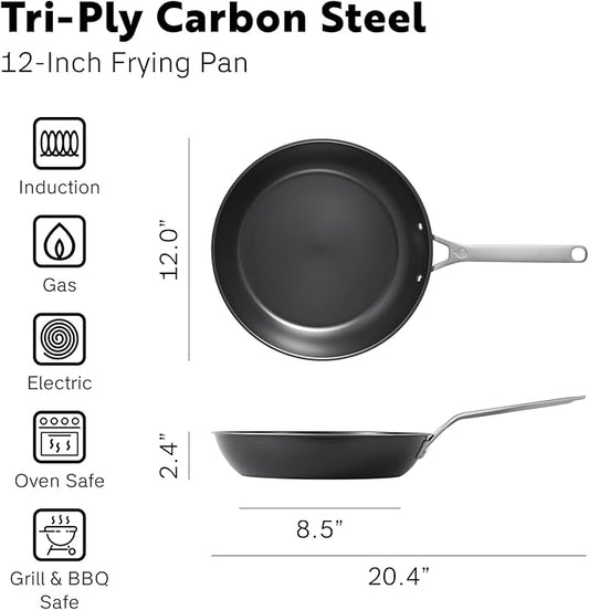 Tri Ply Carbon Steel 12 Inch Frying Pan - Naturally Nonstick Nitrided Carbon Steel Pan Better than Cast Iron - Lightweight, Non Toxic Cookware, No Coatings - Induction Ready Skillet