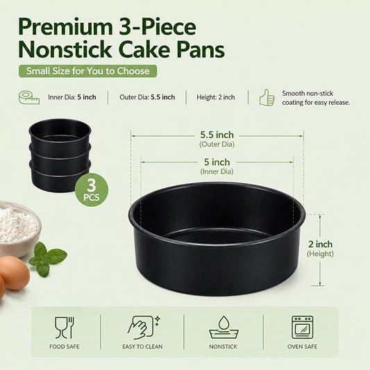 P&P CHEF 5 Inch Cake Pan Set of 3, Non-Stick Round Cake Pans Tins for Tier Smash Cakes, Baking Pans Set & Essential Bakeware, Stainless Steel Core & Leak-Proof