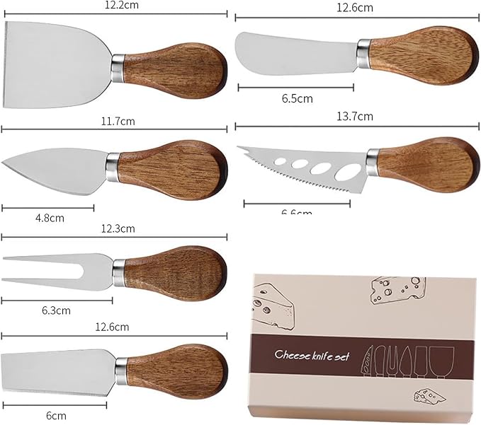 6-Piece Stainless Steel Cheese Knife Set with Slicer, Cutter, Fork and Spreader, Ideal for Charcuterie Boards and Elegant Cutlery Gift Collection (Acacia-Box)