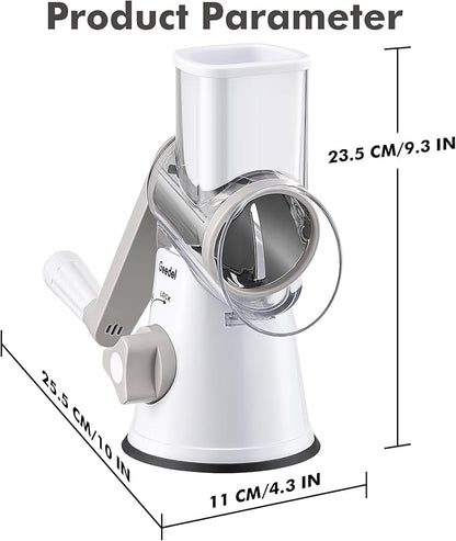 Geedel Rotary Cheese Grater, Kitchen Mandoline Vegetable Slicer with 3 Interchangeable Blades, Easy to Clean Rotary Grater Slicer for Cheese, Vegetables, Nuts