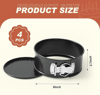 Funnymoom 4 Pcs 6 Inch Non Stick Springform Pan with Removable Bottom Carbon Steel Round Springform Cheesecake Pan with Stainless Steel Spring Buckles for Baking Kitchens Restaurant(Black)