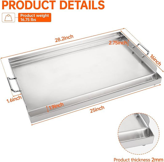 LotFun 25" x 16" Stainless Steel Cooking Griddle for Outdoor Gas Grill, Universal Griddle Flat Top Plate Insert with Grease Groove and Removable Handles for Electric/Charcoal/Gas Grill, Camping,Party