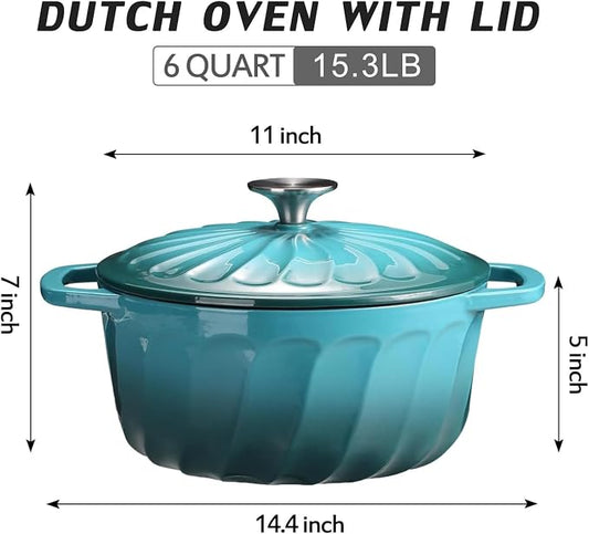 6 QT Enameled Cast Iron Dutch Oven with Lid, Non-Seasoning Enamel Coated Pot, 500°F Oven Safe, Dual Handles, Compatible with All Cooktops for Bread Baking, Braising & Stewing, White (BlueGreen, 6 QT)