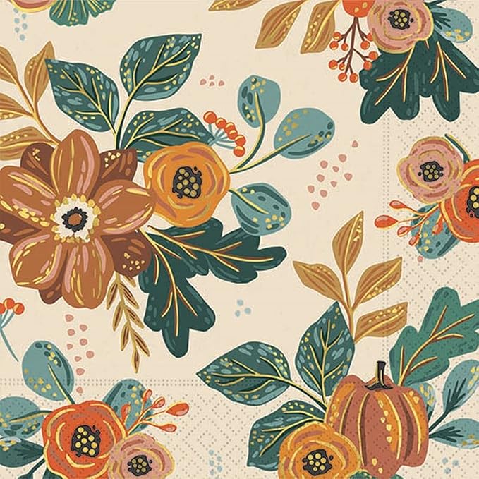 Martha's Goat Autumn Floral Leaf Themed Party Supplies | Bundle Includes Paper Dessert Plates & Napkins for 16 People | Colorful Sage and Pumpkin Design in the Colors of Fall