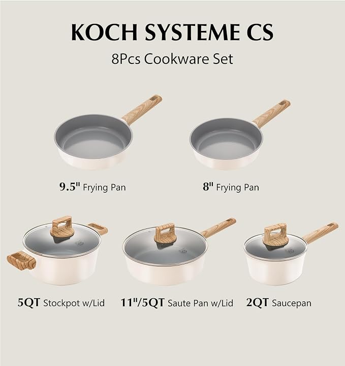 KOCH SYSTEME CS Nonstick Ceramic Cookware Set, Nonstick Pots and Pans Set with Stay-Cool Handles, Non-toxic Ceramic Kitchen Cooking Set, Induction Compatible Dishwasher Safe, PFAS and PFOA Free