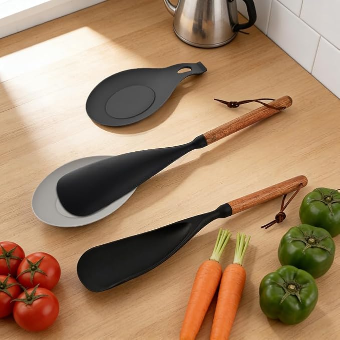 2 Pack Cedar and Ash Spoonula with 2 Spoon Pad, Multifunction Spatula Cooking Spoon, Non stick Flat Serving Spoons, Scraping & Serving Heat-Resistant Spatula