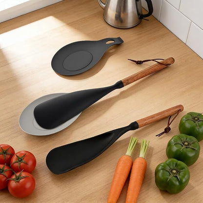 2 Pack Cedar and Ash Spoonula with 2 Spoon Pad, Multifunction Spatula Cooking Spoon, Non stick Flat Serving Spoons, Scraping & Serving Heat-Resistant Spatula
