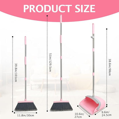 2-Pack Broom and Dustpan Set with Long Handle, Heavy Dust Broom and Dustpan Combo for Home，Kitchen, Office, Pet Hair(Grey Pink)