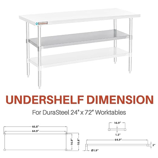 DuraSteel Galvanized Under Shelf for Work Tables - Extra Adjustable Lower Shelf for 24" x 72" Stainless Steel and Wooden Worktables - Fits for use in Restaurant, Warehouse, Home, Kitchen, Garage