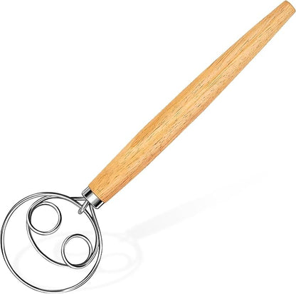 Hand Whisk Stainless Steel Dough Hook Dutch Whisk for Sourdough Bread Dough Mixer Hand Wooden Handle Kitchen Whisking Mixing Tool Bread Making Tools (two eyes)