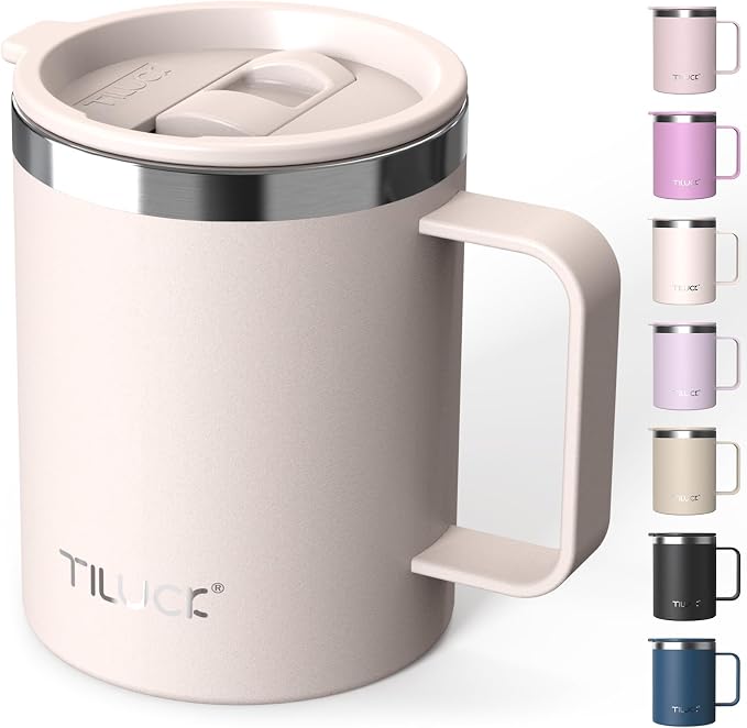 TILUCK 12 oz Insulated Coffee Mug with Lid, Double Wall Vacuum Insulated Travel Mug Cup with Handle for Hot or Cold Drinks（12oz，Matte SakuraPink）