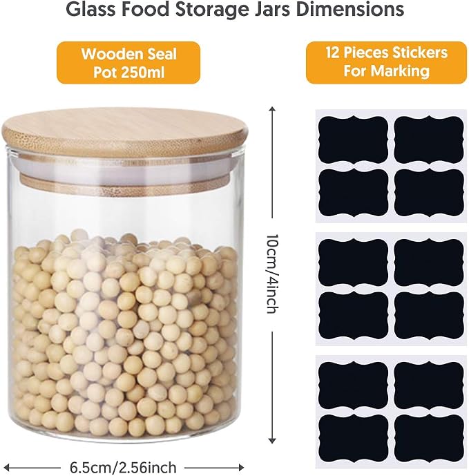Yibaodan Glass Jars 9OZ, 12 Set with Bamboo Airtight Lids and Labels, Food Cereal Storage Large Spice Containers for Home Kitchen Tea Coffee Flour Herbs Grains