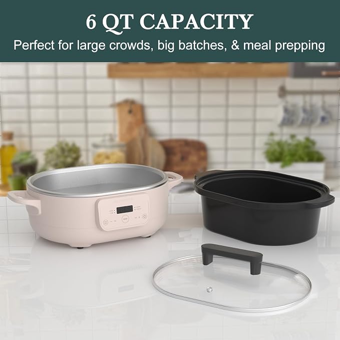 MAGNIFIQUE 6 Quart Programmable Slow Cooker Removable Healthy Nonstick Pot - Small Kitchen Appliance for Family Dinners - Serves 6+ People - Heat Settings: Keep Warm Pink