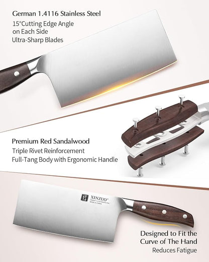XINZUO Meat Cleaver Knife, 7 Inches German Stainless Steel Chef Cleaver Knife,Vegetable Meat Cleaver,Multifunction Chopper Butcher Knife,Chinese Chef Knife, Ultra Sharp, Red Sandalwood Handle