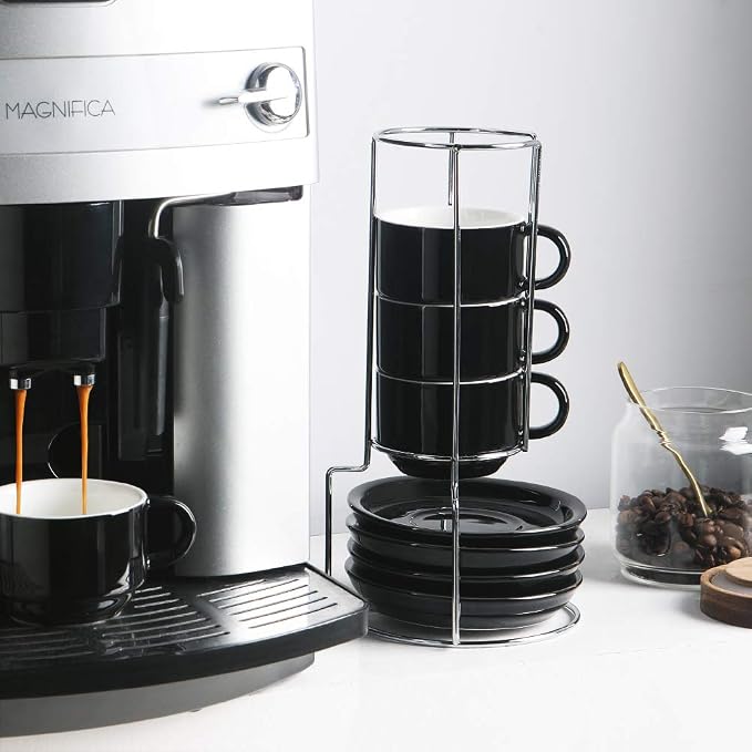 Sweejar Porcelain Cappuccino Cups with Saucers and Metal Stand, 8 Ounce Stackable Espresso Cups for Specialty Coffee Drinks, Latte, Americano, Tea - Set of 4 (Black)