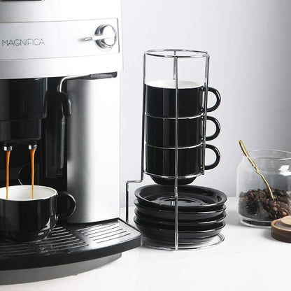 Sweejar Porcelain Cappuccino Cups with Saucers and Metal Stand, 8 Ounce Stackable Espresso Cups for Specialty Coffee Drinks, Latte, Americano, Tea - Set of 4 (Black)