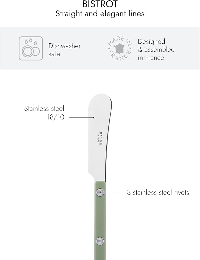 Sabre Paris - Set of 2 Spreader Knives 5.5 inches - Bistrot Collection - Perfect for Butter, Tapenades, Spreads - Stainless Steel & Nylon - Dishwasher Safe - Asparagus - Brilliant Finish