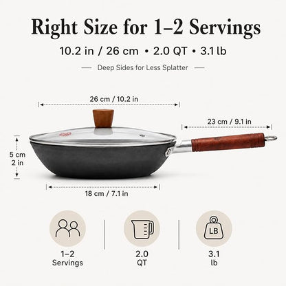 WANGYUANJI 10.2-Inch Cast Iron Skillet with Glass Lid, Uncoated Frying Pan with Flat Bottom for Induction, Gas & Electric Stovetops, Small Egg Pan for Breakfast, Steak & Sautéing