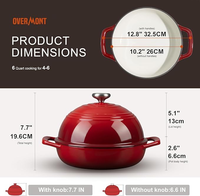 Overmont 6QT Enameled Cast Iron Bread Oven — Taller Body for Even Baking, Durable & Easy-to-Clean, Includes Dome Lid, Cotton Potholders & Cookbook, Perfect for Home Bakers & Sourdough Enthusiasts