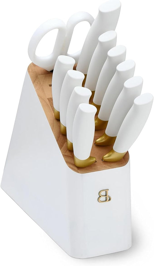 12 Piece Knife Block Set, Soft-Grip Ergonomic Handles, Stick Resistant, Razor Sharp, Comfortable, Easy Care, BPA-Free, White & Gold