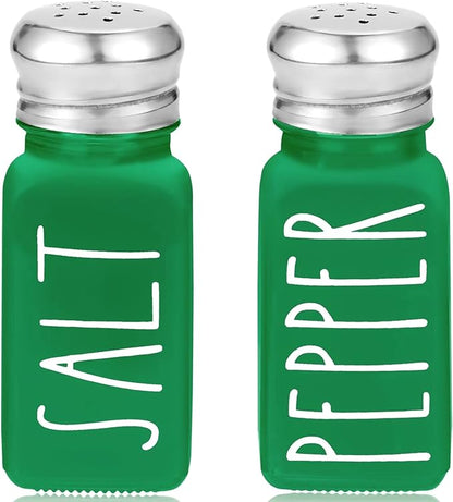 Green Salt and Pepper Shakers Set by Brighter Barns - Modern Farmhouse Kitchen Decor for Home, Restaurants, Airbnb - Cute Kitchen Decor and Accessories - Glass Shakers & Stainless Steel Lids (Green)