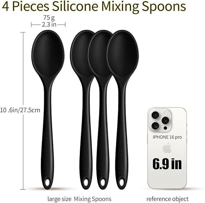 4 Pcs large Silicone Spoons 10.6 inches Mixing Spoons for cooking,Heat Resistant Spoons, Mixing Spoons for Kitchen Cooking Baking Stirring Mixing Tools (Large 4pcs)