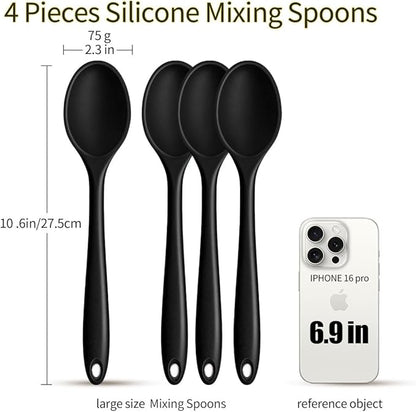4 Pcs large Silicone Spoons 10.6 inches Mixing Spoons for cooking,Heat Resistant Spoons, Mixing Spoons for Kitchen Cooking Baking Stirring Mixing Tools (Large 4pcs)