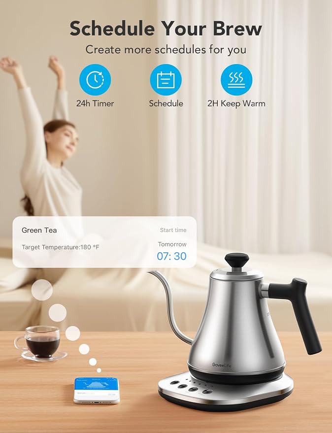 GoveeLife Smart Electric Kettle, 0.8L WiFi Gooseneck Kettle Compatible with Alexa, 5 Modes for Use, 3-minute Fast Heating and 2H Keep Warm, Auto-Shut off for Safety, Stainless Steel, Silver