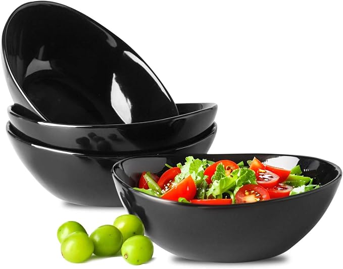 HASENSE 4Pcs Serving Bowls & Salad Bowls Set – 28oz Ceramic Mixing Bowls, Microwave & Dishwasher Safe, Stackable for Space-Saving – Ideal for Pasta, Fruit, Side Dishes, Soup, Black