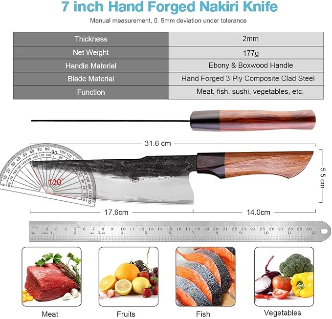 XITUO 7 Inch Nakiri Knife, Japanese Vegetable Cleaver with Ebony Sandalwood Handle, Triple-Layered High Carbon Stainless Steel, Ultra Sharp Professional Chef Knife for Chopping & Slicing