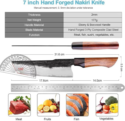 XITUO 7 Inch Nakiri Knife, Japanese Vegetable Cleaver with Ebony Sandalwood Handle, Triple-Layered High Carbon Stainless Steel, Ultra Sharp Professional Chef Knife for Chopping & Slicing