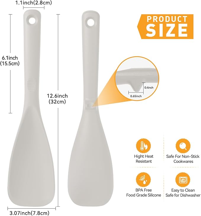 12.6" Extra Long Silicone Spatula Spoon for Nonstick Cookware, Seamless One-Piece Design Cooking Spoon with Built-in Tool Rest for Mixing, Scoop and Scrape, Dishwasher Safe, 2 Pack, Khaki