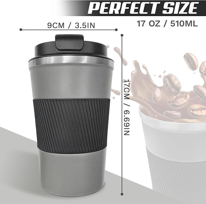 SPLMIFA Vacuum-Insulated Stainless Steel Travel Coffee Mug, Leak-Proof Reusable Coffee Cup with Lid-Keeps Drinks Hot & Cold for Hours, Durable Double Wall Tumbler for Men & Women (3rd-Grey, 17OZ)