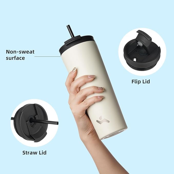 Konokyo 34 OZ Insulated Tumbler with Lid and 2 Straws Stainless Steel Water Bottle Vacuum Travel Mug Coffee Cup,Angel White
