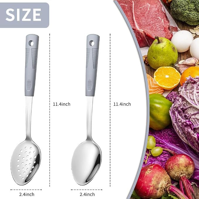 Metal Serving Spoons Set, Large Serving Spoons with Silicone Handles, Stainless Steel Serving Spoon, Slotted Spoon & Soup Ladle Set for Buffet and Home Kitchen (Grey)