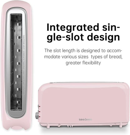 SEEDEEM 2 Slice Slim Toaster, Single 10" Long Slot Toaster Fits Bagels & Artisan Bread, 6 Shade Settings, Cancel/Reheat/Defrost, Removable Crumb Tray, Auto Shut-Off, Pink