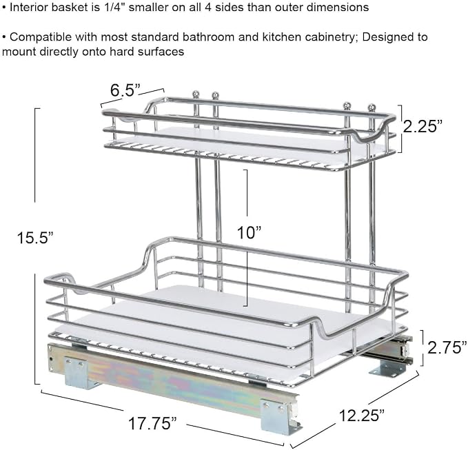 Household Essentials Glidez Chrome-Plated Steel Pull-Out/Slide-Out Storage Organizer with Plastic Liners for Under Sink or Cabinet Use - 2-Tier Design - Fits Standard Size Cabinet or Shelf, Chrome