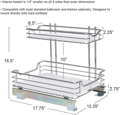 Household Essentials Glidez Chrome-Plated Steel Pull-Out/Slide-Out Storage Organizer with Plastic Liners for Under Sink or Cabinet Use - 2-Tier Design - Fits Standard Size Cabinet or Shelf, Chrome