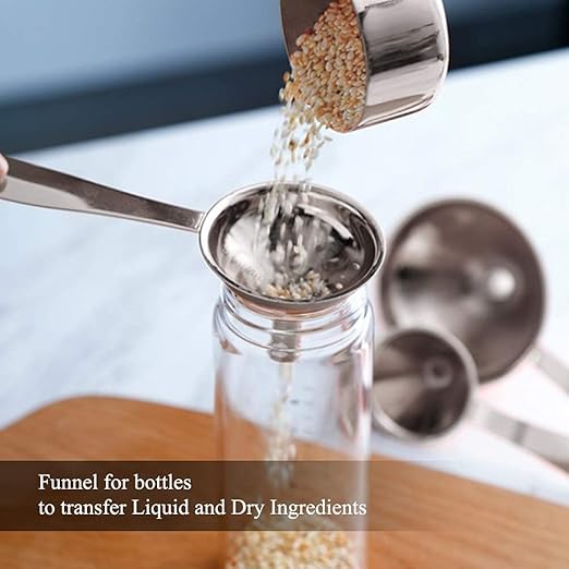3 in 1 Metal Funnels for Filling Bottles Stainless Steel Small Kitchen Funnel Set for Transferring Essential Oils Liquid Fluid Spice Dry Ingredients Powder, Durable (‎Long-Handled Funnel)