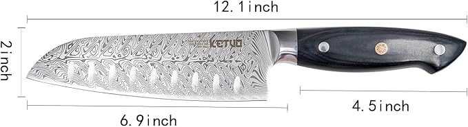 Ketuo Professional Chef Knife Damascus Carbon Steel with Laser Pattern Blade and Black Pakka Wood (7 Inch Santoku Knife)
