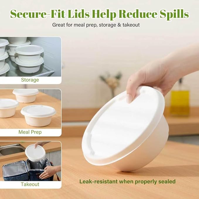 29 oz Disposable Bagasse Bowls with Lids, 50 Pack Compostable Soup Bowls with Lids, Sugarcane Fiber Food Containers, Enhanced Coating, Oil & Moisture Resistant, Microwave Safe for Takeout & Meal Prep