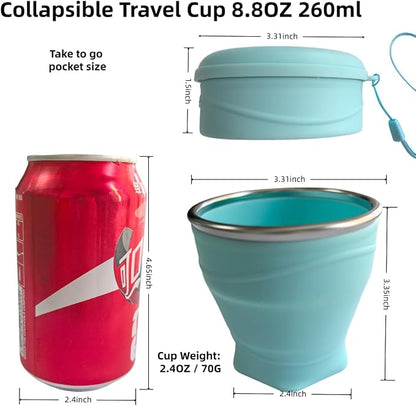 Collapsible Cup, 8.8oz 260ml Foldable Travel Mini Coffee Mug, BPA Free Silicone Water Cup and Lid with Stainless Steel Rim, Portable Pocket Cup for Outdoor, Hiking, Camping & Kids （Blue）