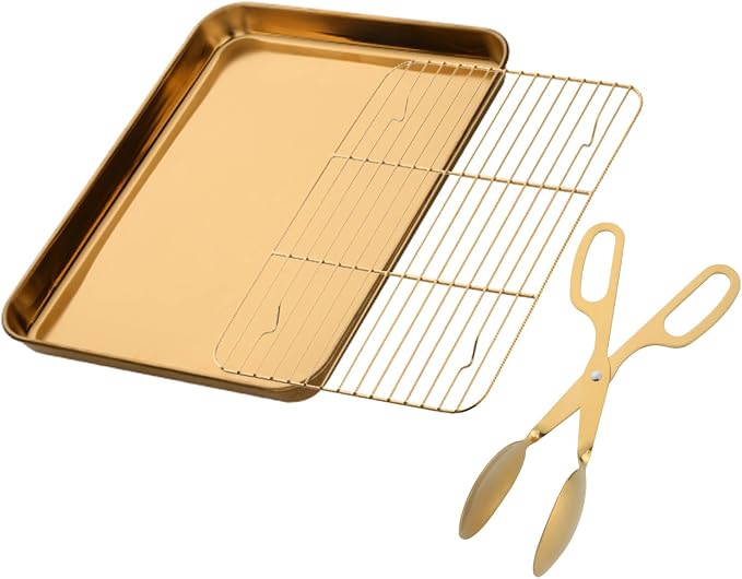 DOCBLACK Baking Sheet with Wire Rack and BBQ Tong Set, Stainless Steel Cookie Sheet Baking Tray & Cooling Rack & 26cm Food Tong for Cooking and Oven, Dishwasher Safe-Gold