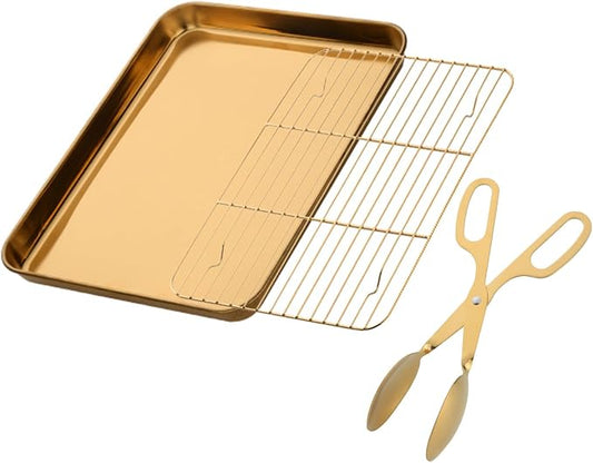 DOCBLACK Baking Sheet with Wire Rack and BBQ Tong Set, Stainless Steel Cookie Sheet Baking Tray & Cooling Rack & 26cm Food Tong for Cooking and Oven, Dishwasher Safe-Gold