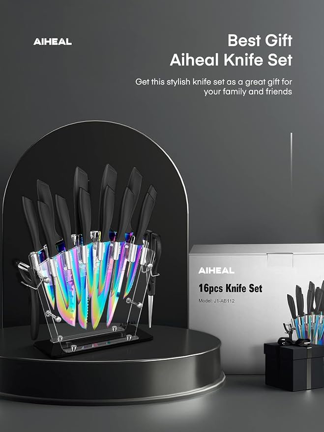 Aiheal Knife Set, 16 Pieces High Carbon Stainless Steel Rainbow Color Kitchen Knife Set, Titanium Coating Blade, No Rust and Super Sharp Cutlerywith Acrylic Stand and Kitchen Scissors, Gift