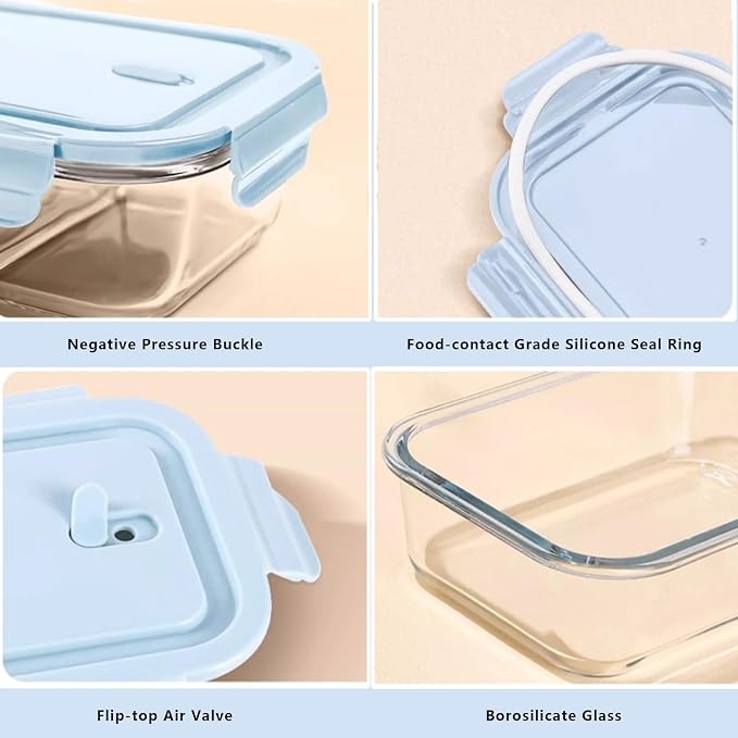 Glass Food Storage Containers with Lids, Airtight Meal Prep Containers, 4 Pack Set with Multiple Sizes (Blue)