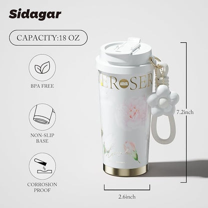 Insulated Travel Coffee Mug,18 oz Stainless Steel Coffee Tumbler with Flip Straw, Double Wall Thermal Cup with Leak Proof Lid,Reusable Ceramic Water Bottle for Office,White